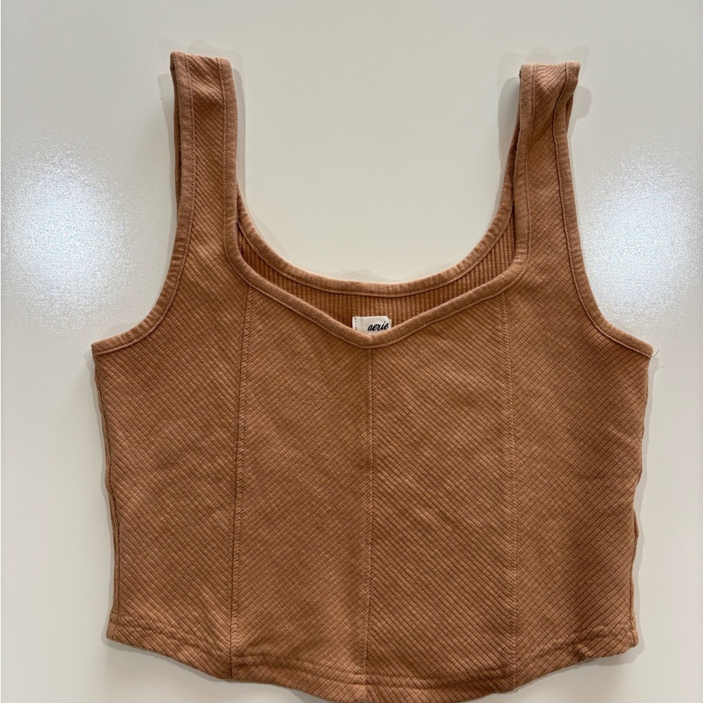 aerie Ribbed Square-Neck Crop Top in Camel Brown